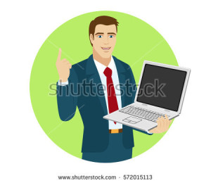 stock-vector-businessman-holding-laptop-notebook-and-pointing-up-portrait-of-businessman-in-a-flat-style-572015113