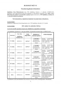 H I R D ET M É N Y  Társasházi ingatlanok értékesítésére   Sajóbábony Város Önkormányzata (cím: 3792. Sajóbábony, Bocskai u. 2. adószám: 15726054-2-05) Sajóbábony Város Önkormányzata Képviselő-testületének Az önkormányzat vagyonáról szóló 7/2012. (V.30.) Önkormányzati rendelet 5. § (3) bekezdés a) pontja alapján árverést tűz ki a 3792 Sajóbábony, Széchenyi út 3. szám alatt található társasházban   7 db összkomfortos, teljeskörűen kialakított társasházi lakás értékesítésére.  Az árverés helye: Sajóbábonyi Polgármesteri Hivatal tárgyalóterme (cím: 3792 Sajóbábony, Bocskai út 2. II. emelet)  Az árverés ideje:		2023. október 26. (csütörtök) 13,00 óra  Az árverésre kerülő vagyontárgy megnevezése, kikiáltási ára, alapterülete és helyiségei:  3792 Sajóbábony, Széchenyi út 3. szám alatt található 7 db belterületi társasházi lakás, az alábbiak szerint: 	  Emelet/ajtó	 Cím - Hrsz.  Sajóbábony, Széchenyi út 3.	 Lakás alapterülete	 Kikiáltási ár* (minimál ajánlat)	 A lakás helyiségei   1)	  I/1. lakás	  689/42/A/1.	  62,27 m2	16.650.000 Ft (tizenhatmillió - hatszázötvenezer forint)	előszoba, konyha-étkező, közlekedő folyosó, külön mosdó, fürdőszoba (káddal), szoba, nappali szoba   2)	  I/2. lakás	  689/42/A/2	  64,07 m2	 17.150.000 Ft (tizenhétmillió – egyszázötvenezer forint)	 előszoba, konyha-étkező, közlekedő folyosó, külön mosdó, fürdőszoba (káddal), szoba, nappali szoba   3)	  I/5. lakás	  689/42/A/5	  63,48 m2	 17.000.000Ft (tizenhétmillió forint)	előszoba, konyha-étkező, közlekedő folyosó, külön mosdó, fürdőszoba (zuhanyzóval), szoba, nappali szoba   4)	  I/6. lakás	  689/42/A/6	  81,55 m2	 20.000.000 Ft (húszmillió forint) 	előszoba, konyha-étkező, közlekedő folyosó, külön mosdó, fürdőszoba (káddal), szoba, félszoba, nappali szoba gardróbbal   5)	  II/7. lakás	  689/42/A/7	  62,31 m2	 16.650.000Ft (tizenhatmillió- hatszázötvenezer forint)	 előszoba, konyha-étkező, közlekedő folyosó, külön mosdó, fürdőszoba (káddal), szoba, nappali szoba   6)	  II/11.	  689/42/A/11	  63,76 m2	 17.050.000Ft (tizenhétmillió-ötvenezer forint)	előszoba, konyha-étkező, közlekedő folyosó, külön mosdó, fürdőszoba (zuhanyzóval), szoba, nappali szoba   7)	  II/12.	  689/42/A/12	  81,15 m2	 19.950.000 Ft (tizenkilencmillió-kilencszázötvenezer forint)	előszoba, konyha-étkező, közlekedő folyosó, külön mosdó, fürdőszoba (káddal), szoba, félszoba, nappali szoba gardróbbal *A feltüntetett vételi árak kikiáltási árak, melyek az árverés során a licittárgyaláson változhatnak.  A lakások megtekintése: a Polgármesteri Hivatalban telefonon (46/549-030) vagy személyesen történő előzetes regisztrációt követően 2023. október 12. (csütörtök) 08-17 óra között.  Közmű ellátottsága, jellemző tulajdonságai: Az ingatlanvezetékes víz-, villamosenergia- és gáz ellátással rendelkezik. Minden lakás külön, egyedi mérőórával (víz, gáz, áram) illetve konyhabútorral, redőnnyel és szúnyoghálóval felszerelve kerül átadásra.  A társasházban a földszinten kialakított közös tároló helyiség babakocsi, kerékpár tárolására alkalmas. A pince szinten további tároló helyiség bérelhető. Az ingatlan előtt parkolási lehetőség biztosított.  Az ingatlan tehermentesen kerül árverésre.  Tájékoztatás arról, hogy az árverésre meddig, milyen módon és hol lehet jelentkezni: Az árveréssel kapcsolatban érdeklődni a Sajóbábonyi Polgármesteri Hivatalban a 46/549-030-as telefonszámon vagy személyesen lehet. Az árverésre jelentkezni személyesen, vagy meghatalmazott útján 2023. október 24. (kedd) napján 12,00 óráig lehet a Sajóbábonyi Polgármesteri Hivatal Titkárságán, az árverési biztosíték letétbe helyezésének igazolása mellett.  Az árverésen kizárólag az vehet részt, illetve az adhat képviseleti meghatalmazást, akinek a nevére az árverési előleg letétbe helyezésre került és győztessé nyilvánítása esetén az árverező kizárólag vele köti meg a szerződést. A nyertes árverési vevő letétjét be kell számítani a vételárba. A meghatalmazást közokiratba, vagy teljes bizonyítóerejű magánokiratba kell foglalni.   Amennyiben az ingatlant az ajánlattevő pályázati forrás igénybevételével kívánja megszerezni, az árverési biztosíték letételén túl, köteles a projekttervet, valamint a pályázat benyújtására vonatkozó szándéknyilatkozatát becsatolni jelen hirdetményben megjelölt időpontig.  Az árverési biztosítékok összege, licitlépcső:  	 Emelet/ajtó	Cím - Hrsz.  Sajóbábony, Széchenyi út 3.	 Árverési biztosíték összege	 Licitlépcső  1)	 I/1. lakás	 689/42/A/1.	1.665.000 Ft (egymillió-hatszázhatvanötezer forint)	165.000 Ft (egyszázhatvanötezer forint)  2)	 I/2. lakás	 689/42/A/2	1.715.000 Ft (egymillió-hétszáztizenötezer forint)	171.500 Ft  (egyszázhetvenegyzer-ötszáz forint)  3)	 I/5. lakás	 689/42/A/5	1.700.000 Ft (egymillió-hétszázezer forint)	170.000 Ft  (egyszázhetvenezer forint)  4)	 I/6. lakás	 689/42/A/6	2.000.000 Ft (kettőmillió forint)	200.000 Ft (kettőszázezer forint)  5)	 II/7. lakás	 689/42/A/7	1.665.000 Ft (egymillió hatszázhatvanötezer forint)	166.500 Ft (egyszázhatvanhatezer-ötszáz forint)  6)	 II/11.lakás	 689/42/A/11	1.705.000 Ft (egymillió-hétszázötezer forint)	170.500 Ft  (egyszázhetvenezer-ötszáz forint)  7)	 II/12. lakás	 689/42/A/12	1.995.000 Ft (egymillió-kilencszázkilencvenötezer forint)	199.500 Ft (egyszázkilencvenkilencezer-ötszáz forint)  Az árverési biztosíték letétbe helyezésének módja és határideje: Az árverési biztosítékot 2023. október 24. (kedd) 12,00 óráig a Sajóbábony Város Önkormányzata OTP Bank Nyrt-nél vezetett 11734004-15349112-00000000 számú számlájára történő átutalással kell letétbe helyezni. A közlemény rovatba kérjük feltüntetni a pályázó nevét és a pályázni kívánt lakás helyrajzi számát.  A szerződés megkötésére rendelkezésre álló határidő: A szerződést az eredményes árverést követő 30 napon belül meg kell kötni. A vételár megfizetésének helye és módja: Értékesítés esetén az árverési vevő köteles a teljes vételárat a szerződés megkötésének időpontjáig Sajóbábony Város Önkormányzata OTP Bank Nyrt-nél vezetett 11734004-15349112-00000000 számú számlájára megfizetni.  A lakásokat a tulajdonosok előre láthatólag 2023. december 1. napjától vehetik birtokba.  Sajóbábony Város Önkormányzata fenntartja magának a jogot az ingatlan értékesítésétől való elállástól.  Az értékesítés szándékától való elállás esetén a befizetett árverési biztosíték a befizető részére visszafizetésre kerül.   Az ingatlan Sajóbábony Város Önkormányzata elővásárlási jogának fenntartásával kerül értékesítésre.   Sajóbábony, 2023. október 5.   dr. Szilva István sk.       polgármester  A kifüggesztés napja: 2023. október 6.