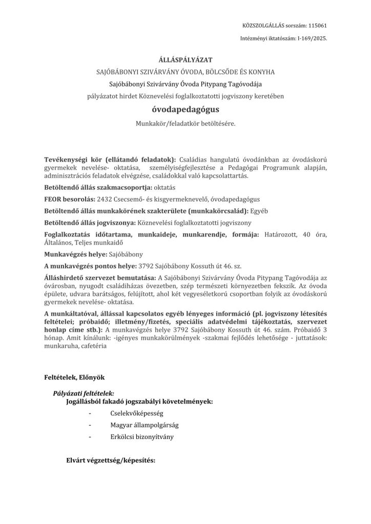 Óvodapedagógusi álláspályázat!