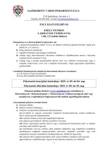 SAJÓBÁBONY VÁROS ÖNKORMÁNYZATA
3792 Sajóbábony, Bocskai u. 2.
Telefon: 46/549-030; E-mail: hivatal@sajobabony.hu
PÁLYÁZATI FELHÍVÁS
ESÉLY OTTHON
LAKHATÁSI TÁMOGATÁS
1 db, 1,5 szobás lakásra
Támogatásra az a fiatal nyújthat be pályázatot, aki
a) a pályázat benyújtásakor elmúlt 18 éves, de lakhatási lehetőség igénybevételének végéig nem
töltötte be a 35. életévet,
b) hiányszakmával rendelkezik,
c) legalább középfokú végzettséggel rendelkezik,
d) vállalja, hogy életvitelszerűen, lakcímmel rendelkezve Sajóbábonyban marad a folyósítás
lezárását követő minimum 2 évig,
e) vállalja, hogy a projekt programjaiban aktívan részt vesz, önkéntes tevékenységet végez a
település rendezvényei, részt vesz a település köztereinek, virágos ágyásainak szépítésében,
gondozásában.
A beköltöző fiatalok/párok/családok kiválasztásánál előnyben részesülnek:
a) a 30. életévet el nem érő pályázók,
b) azok, akik legalább érettségivel rendelkeznek
Pályázatok benyújtási határideje: 2025. év 09. hó 04. nap
Pályázatok elbírálási határideje: 2025. év 09. hó 30. nap
Pályázati adatlap elérhető a www.sajobabony.hu weboldalon az
Önkormányzat>>Dokumentumtár>> Önkormányzat rendeleti menüpont alatt vagy
személyesen a Sajóbábonyi Polgármesteri Hivatalban ügyfélfogadási időben
A benyújtandó pályázat tartalmi elemei:
a) pályázati adatlap,
b) pályázó részletes önéletrajza,
c) értékelési szempontokat alátámasztó dokumentumok:
ca) jövedelmi és vagyoni viszonyokra vonatkozó formanyomtatvány szerinti nyilatkozat,
illetve azokat igazoló dokumentumok,
cb) a pályázó hátrányos helyzetét megállapító határozat,
cc) a pályázó gyermekének születési anyakönyvi kivonata,
cd) iskolai végzettséget tanúsító oklevél vagy a tanulmányok folytatásáról szóló, az oktatási
intézmény által kiállított igazolás
ce) rendvédelmi szervvel, miskolci járás területén székhellyel vagy telephellyel rendelkező
munkáltatóval megkötött munkaszerződés, kinevezés, megbízási szerződés vagy ezek
megkötésére irányuló munkáltatói szándéknyilatkozat, vállalkozói igazolvány
cf) a pályázó által a pályázat benyújtása előtt végzett önkéntes munkáról szóló igazolás,
cg) nyilatkozat a Sajóbábonyban végezni kívánt önkéntes munkára tett vállalásról,
2
ch) házassági anyakönyvi kivonat, vagy közjegyző előtt tett élettársi nyilatkozat,
ci) nyilatkozat arról, hogy a pályázó és a vele együtt költöző személy kötelezettséget vállal
arra vonatkozóan, hogy a lakásba költözés időpontjából számított 3 napon belül a
bérleményben állandó lakóhelyet létesítenek,
d) nyilatkozat, hogy a pályázó az önkormányzat képviselő-testületi tagjával nem áll közeli
hozzátartozói viszonyban,
e) büntetlen előéletet igazoló erkölcsi bizonyítvány,
f) adóigazolás a köztartozás-mentesség meglétéről.
Sajóbábony Város Önkormányzata képviselő – testülete 9/2019. (IX.25.) önkormányzati rendelete
alapján hiányszakma: általános és középiskolai pedagógus, óvónő, pedagógiai asszisztens, CNC
gépkezelő, autószerelő, műszerész, forgácsoló, lakatos, gépészeti ügyintéző, szakács,
pincér/felszolgáló, vendéglátó, eladó, recepciós (idegen nyelvismerettel), kereskedelmi végzettség,
élelmiszerminőségi és biztonsági mérnök, villamosmérnök, gépészmérnök, kozmetikus, vegyész,
hegesztő, lakatos, vegyipari technikus, villanyszerelő, biológus, környezetvédelmi technikus,
anyagmérnök, pénzügyi, számviteli ügyintéző, rendőr, gépgyártás technológiai technikus, emberi
erőforrás szakember, mentőápoló, társadalombiztosítási szakügyintéző, környezetmérnök,
szociálpedagógus, magasépítő, technikus, mérlegképes könyvelő, jogász, szociális ápoló és gondozó,
orvos, közgazdász, egészségügyi szakképesítéssel rendelkező szakember, csecsemő- és
kisgyermeknevelő, gyógytornász, informatikus, kommunikációs szakirányú végzettség, kulturális
rendezvényszervező, marketing ügyintéző, fogorvos, védőnő, munkavédelmi és tűzvédelmi
szakember, dajka, esztergályos, szőlész-borász, ipari elektronikai technikus, sportszervező, kéz- és
műköröm ápoló, mosodai dolgozó (textil tisztító, vegyi tisztító), hiányszakmát tanuló.
Önkormányzatnál, illetve intézményeinél hiányszakma: pénzügyi, számviteli ügyintéző,
mérlegképes könyvelő, jogász, szociálpedagógus, szociális ápoló és gondozó, orvos, közgazdász,
egészségügyi szakképesítéssel rendelkező szakember, csecsemő-és kisgyermeknevelő, informatikus,
kommunikációs szakirányú végzettség, kulturális rendezvényszervező, marketing ügyintéző, fogorvos,
védőnő, magasépítő technikus, óvónő, szakács, munkavédelmi és tűzvédelmi szakember, dajka,
mosodai dolgozó (textil tisztító, vegyi tisztító).
Bővebb pályázati feltételeket Sajóbábony Város Önkormányzata képviselő-testülete „Esély Otthon
létrehozása Sajóbábony népességmegtartó képességeinek javítására” ösztönző támogatásairól szóló
9/2019. (IX.25.). önkormányzati rendelete tartalmazza.
Sajóbábony, 2025. augusztus 19.
dr. Szilva István sk.
polgármester
Kifüggesztés napja: 2025. augusztus 19.