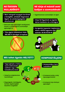 Ne égessen hulladékot! Mert mérgező anyagok kerülnek a levegőbe, amelyek daganatot, légúti- és szívbetegségeket okozhatnak. Nem csak a saját egészségét veszélyezteti, hanem a családtagjai és szomszédjai egészségét is! Tilos égetni Miskolcon! Akár 300.000.- bírságot is kaphat! Mit tehet égetés helyett? Vegye igénybe a házhoz menő zöldhulladék szállítást vagy a hulladékudvarokat! Felaprítva talajtakarásra használhatja. Magaságyást, dombágyást, kerítést, ágyásszegélyt készíthet az ágakból! Ne tűrje el mástól sem! Szóljon a szomszédnak! Figyelmeztesse szomszédját, ha éget! Hívja fel figyelmét az égetés káros hatásaira és a bírságra! Ha égetést tapasztal, bejelentést tehet a MIŐR ingyenes zöld számán: 06-80-46-00-46 Komposztáljon! Komposztálja a kerti hulladékot! A komposzt javítja a talaj tápanyagtartalmát! A komposzt óvja növényei egészségét!