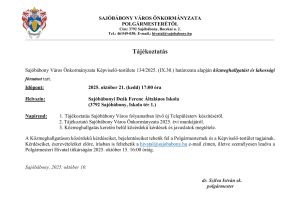 Tájékoztatás

	Sajóbábony Város Önkormányzata Képviselő-testülete 134/2025. (IX.30.) határozata alapján közmeghallgatást és lakossági fórumot tart.
Időpont:				2025. október 21. (kedd) 17:00 óra
Helyszín:				Sajóbábonyi Deák Ferenc Általános Iskola 
					(3792 Sajóbábony, Iskola tér 1.)

Napirend:          1. Tájékoztatás Sajóbábony Város folyamatban lévő új Településterv készítéséről.
		       2. Tájékoztató Sajóbábony Város Önkormányzata 2025. évi munkájáról.
 3. Közmeghallgatás keretén belül közérdekű kérdések és javaslatok megtétele.
A Közmeghallgatáson közérdekű kérdéseiket, bejelentéseiket tehetik fel a Polgármesternek és a Képviselő-testület tagjainak. Kérdéseiket, észrevételeiket előre, írásban is feltehetik a hivatal@sajobabony.hu e-mail címen, illetve személyesen leadva a Polgármesteri Hivatal titkárságán 2025. október 15. 16:00 óráig.

Sajóbábony, 2025. október 10.

dr. Szilva István sk.
    							    polgármester
